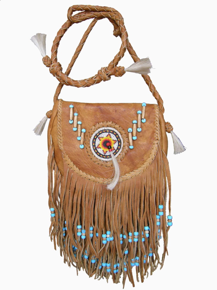 (image for) Bone Piping Glass Beaded Rossette Fringe Leather Shoulder Bag